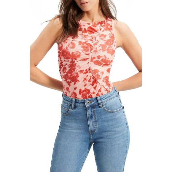 Bardot Women's Felicia Mesh Top Size 10 Red Floral Ruched Blouse - Picture 3 of 12
